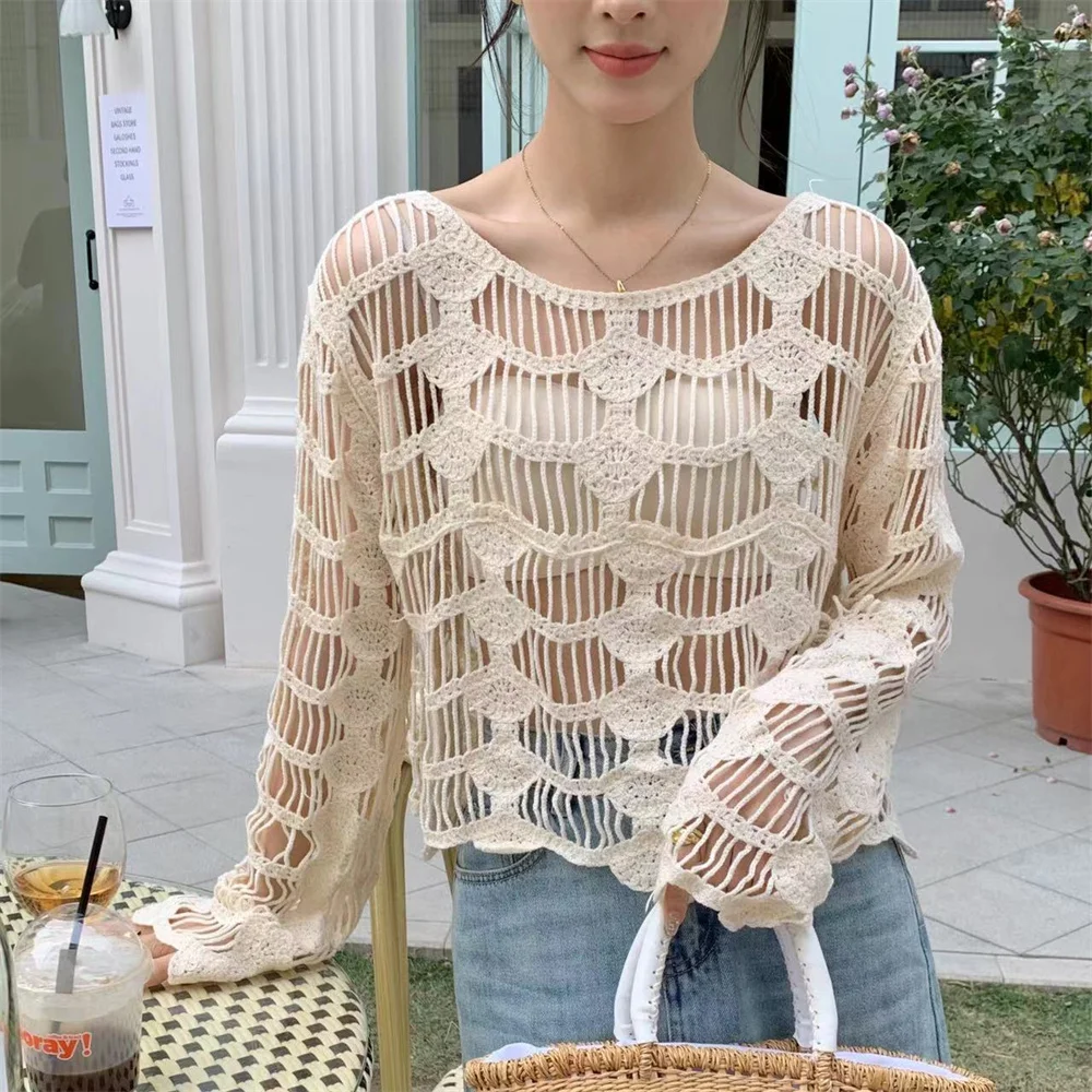 

Long Sleeve Knitted Sweater Japanese Style Crop Hollow Out Pullover For Women Spring Summer Vacation Beach Fashion Outwear Tops