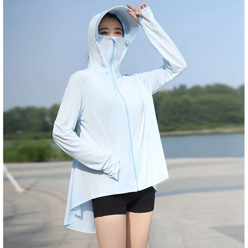 Summer Mid Long Sunscreen Clothes For Women New Outdoor UV Resistant  Ice Silk Cool Sun Protection Coat Thin Jacket Tops