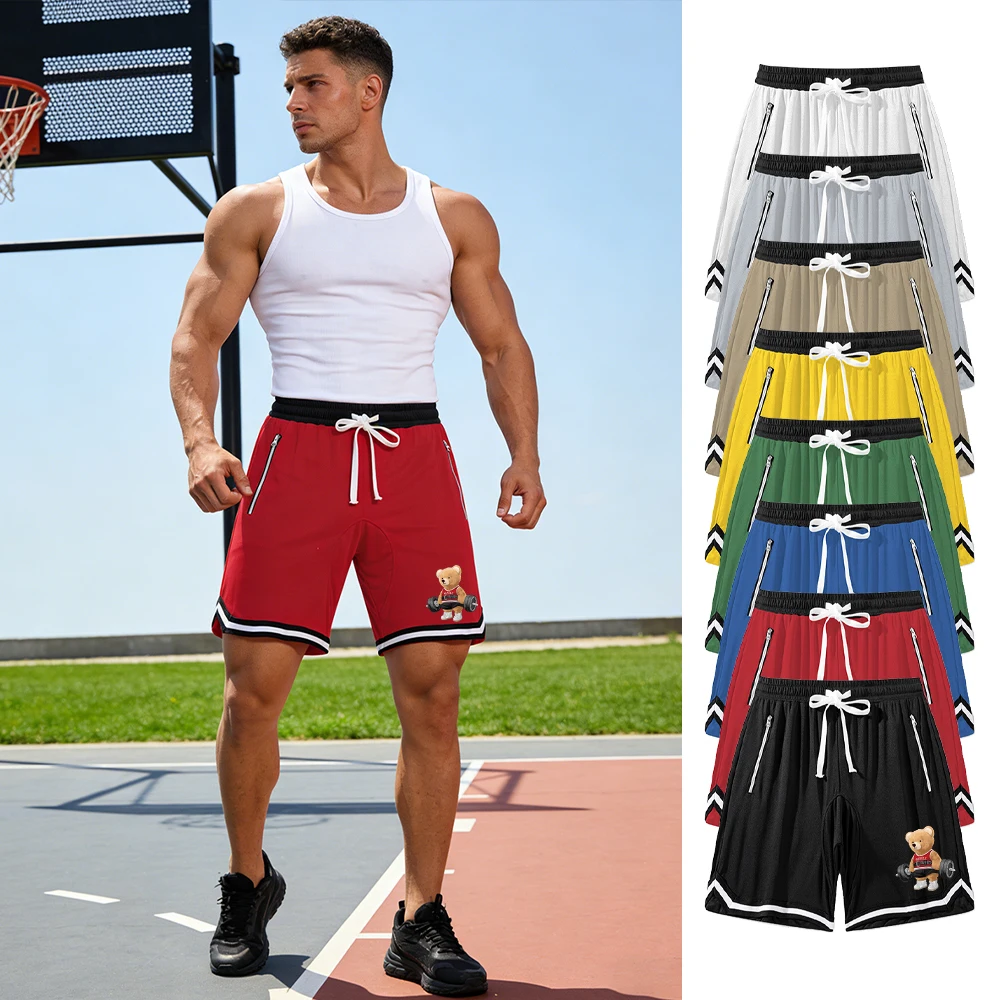 Men's Weightlifting Bear Print Sports Shorts Summer Fitness Training Shorts Breathable Mesh Drawstring Shorts With Zipper Pocket