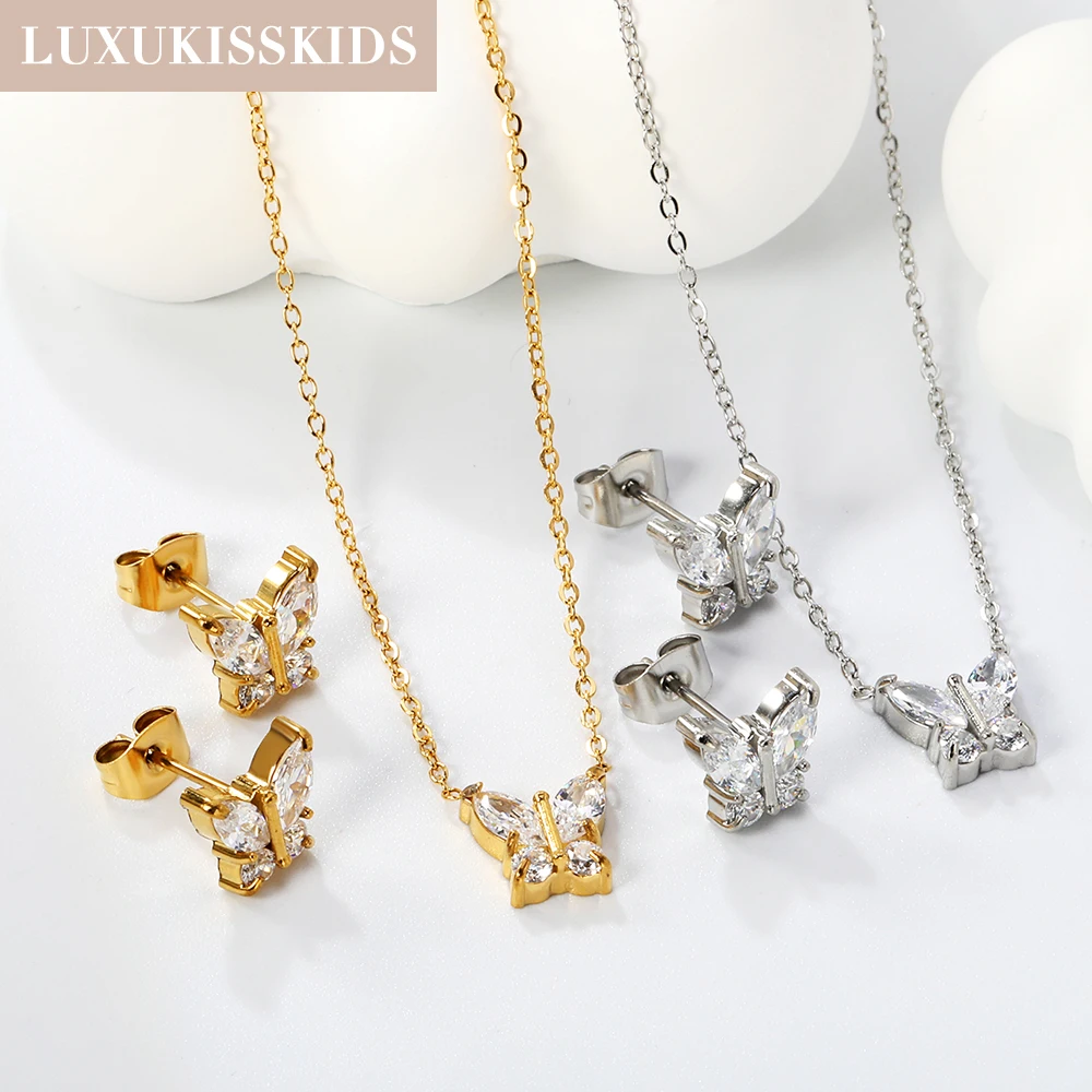 LUXUKISSKIDS Butterfly Earrings Stainless Steel Shiny Crystal Jewelry Set Romantic Butterflies Charms Necklace серьги Decoration