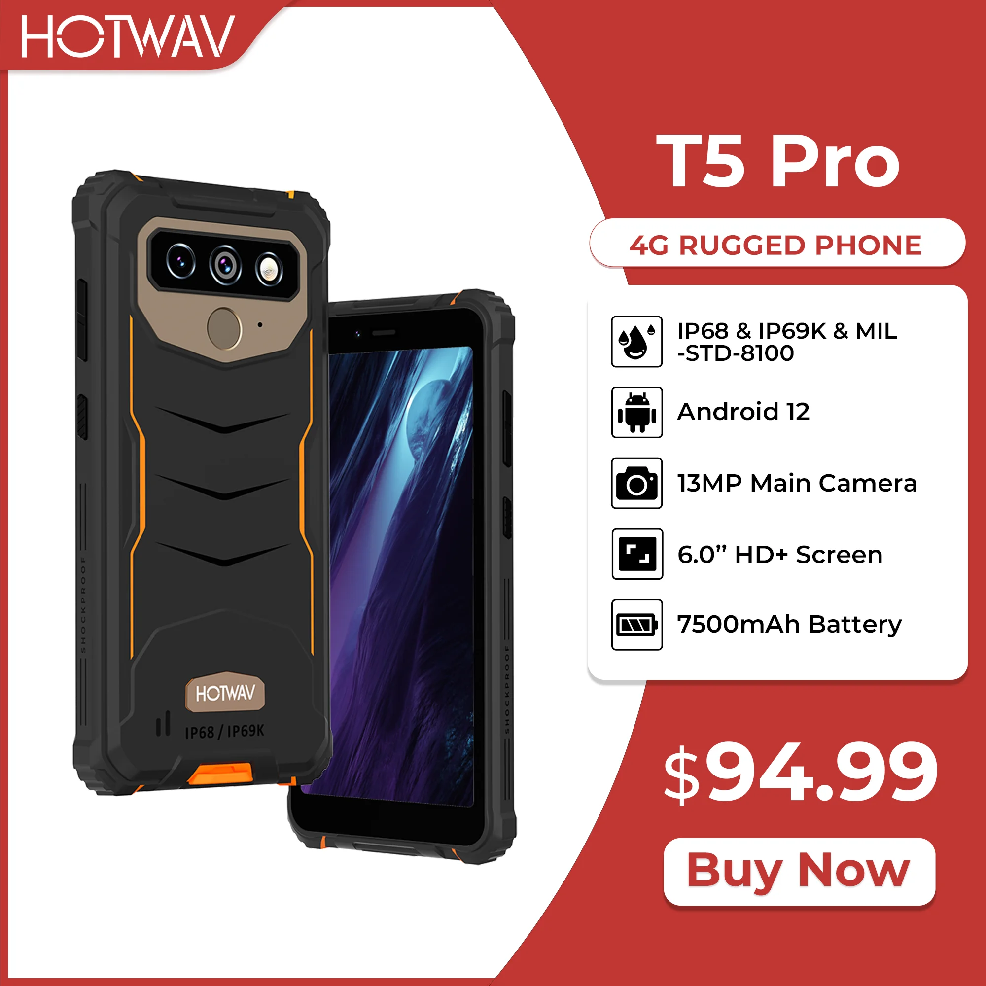 

HOTWAV T5 Pro 4G Rugged Smartphone Android 12 OS MTK6761 6.0 Inch Screen 4GB 32GB 7500mAh Massive Battery 13MP Main Camera 2022