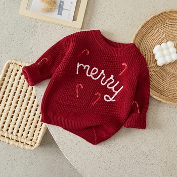 Suefunskry 아기 메리 크리스마스 스웨터, 귀여운 긴팔 캔디 케인 자수 니트 풀오버, 유아 캐주얼 상의, 가을 겨울