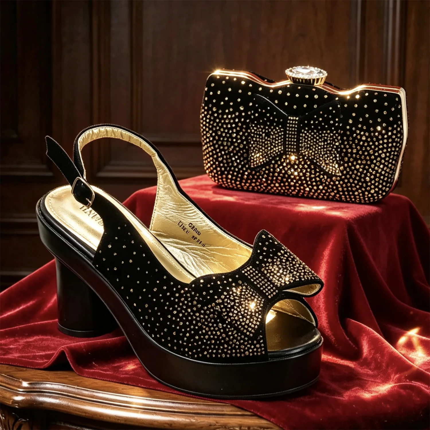 Women's Elegant Black Chunky Heel Platform Peep Toe Slingbacks Rhinestones Studded Sandals & Clutch Bag Set Wedding Party Evenin image 3