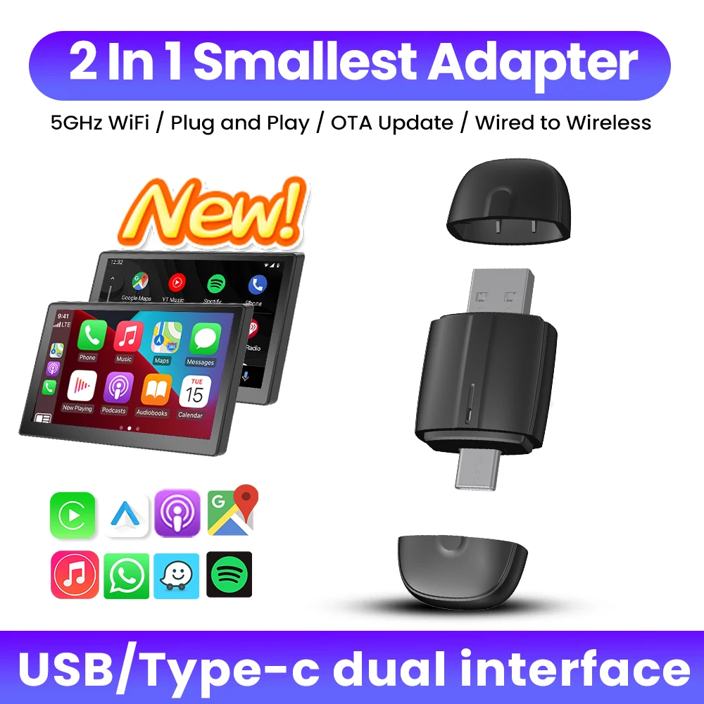 Wireless Carplay Adapter Android Auto Wireless Smart Dongle 2in1 For Volvo VW Toyota Skoda Seat Nissan Mazda GMC MG Jeep Audi