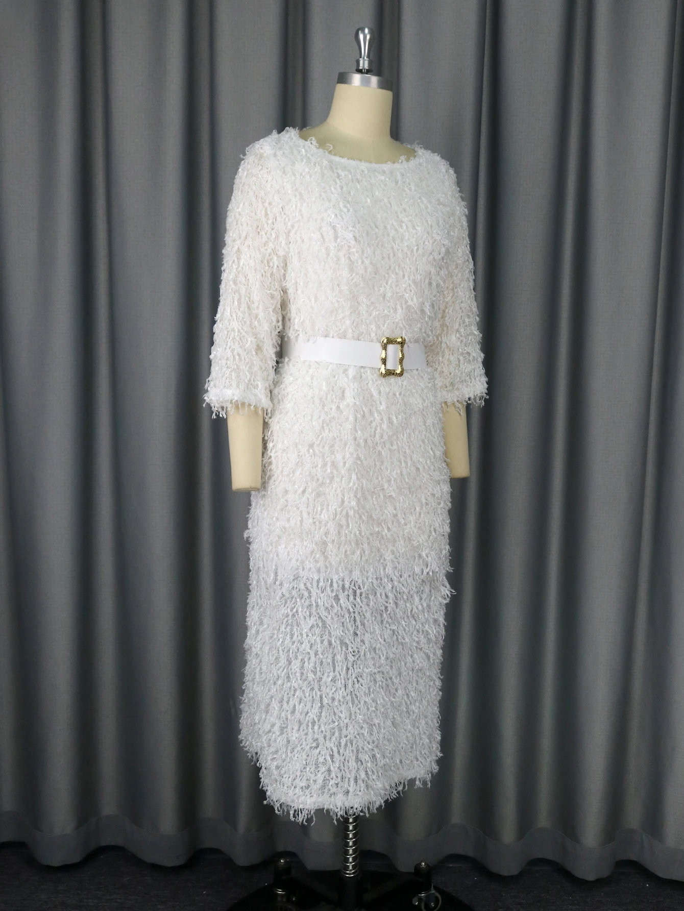 Women White Fur Dresses 3/4 Sleeves Tassel Elegant Fluffy Midi Dress with Belt Fall Winter Luxury Party Club Night Gowns