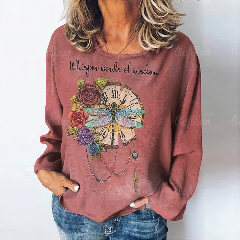 T-shirt da donna Vintage con lettera modello libellula magliette a maniche lunghe top Pullover in cotone autunno/inverno abbigliamento donna