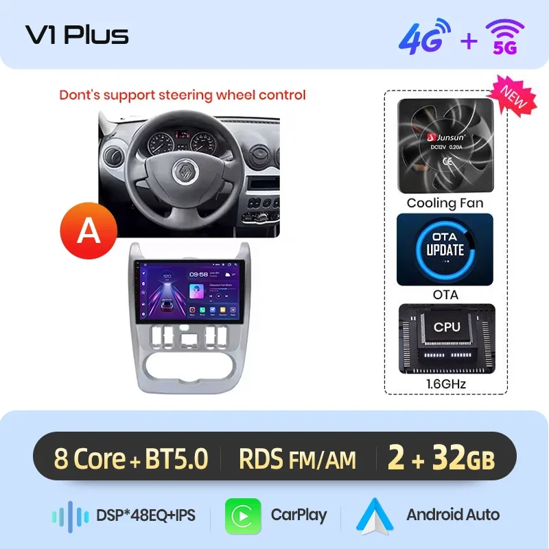Junsun draadloze CarPlay Android Auto autoradio voor Dacia / Renault Logan 1 & Sandero 1 & Duster 1 2004-2015 met ingebouwde koelventilator, Android GPS navigatie, multimediaspeler, WiFi, DSP, RDS,
