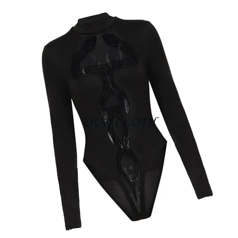 

Trendy Snake Pattern Sheer Mesh Spilcing Tight Fitting Women Bodysuit Jumpsuit Long Sleeve Mock Neck Leotard Party Wear Y1AC