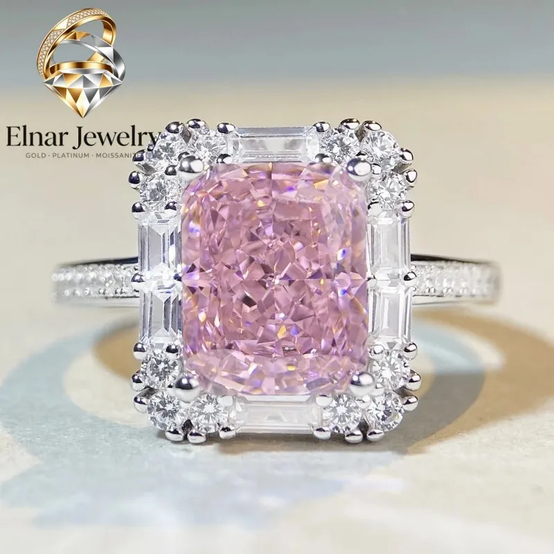Elnar Jewelry Luxury Solid Platinum PT950 Women's Diamond Sakura Powder Square Moissanite Ring