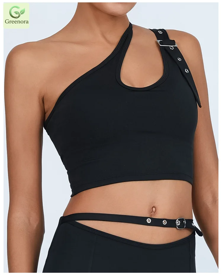 Greenora One Shoulder Sports Bra Women Buckle Strap Cut Out Crop Top Gothic Punk Gym Wear Asymmetric Sleeveless Yoga Tank Tops