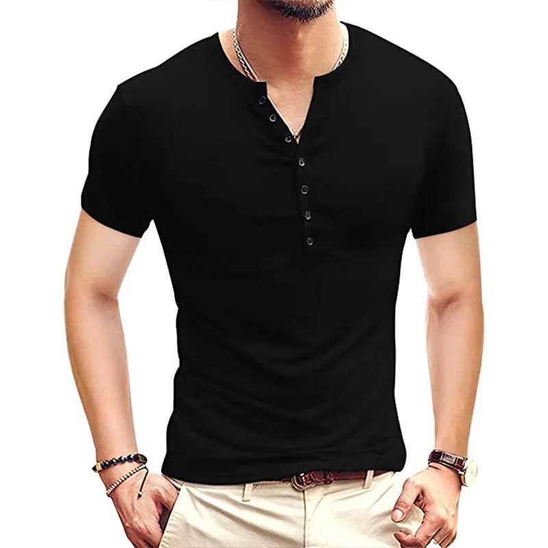 

Summer New Men's Fashion Foreign Trade Clothing European and American Men's Henley Short Sleeve ShirttShirt Solid Color Top