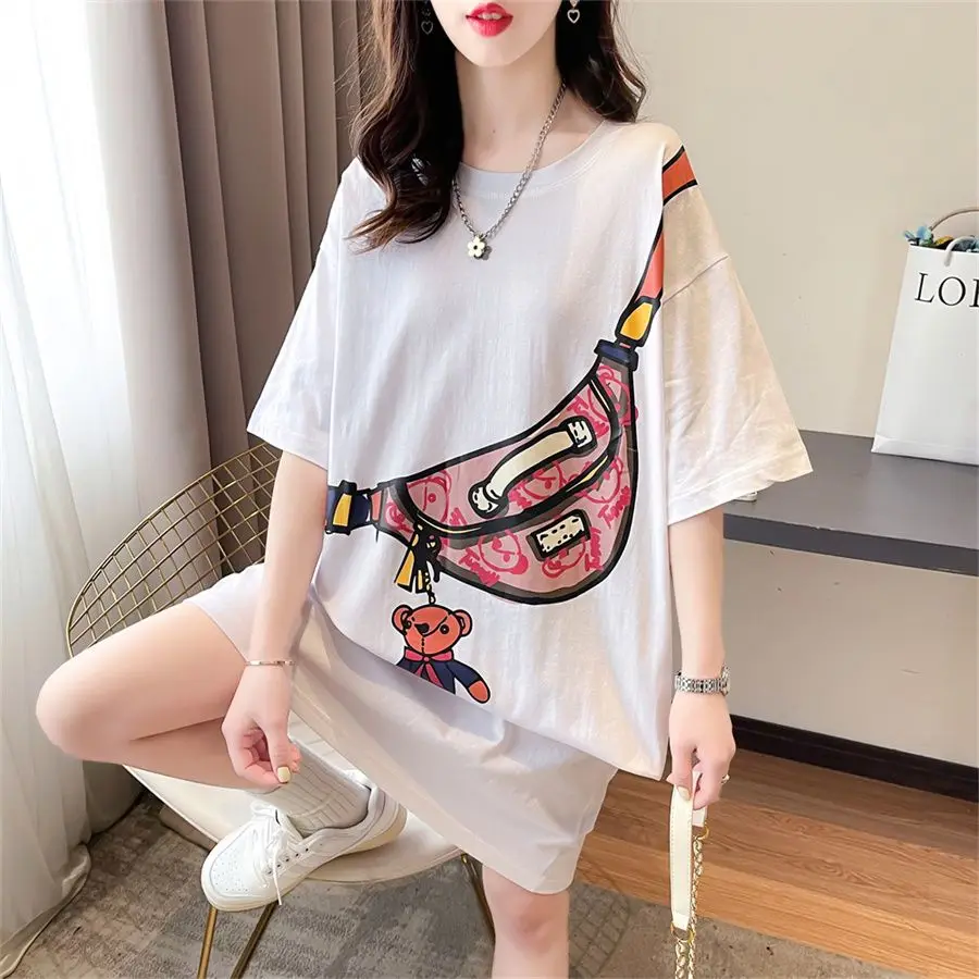 Cotton T-Shirts Oversized Women Clothing Casual Korean Patchwork O-neck Short Sleeve Midi Dress Summer Loose Letter Dresses