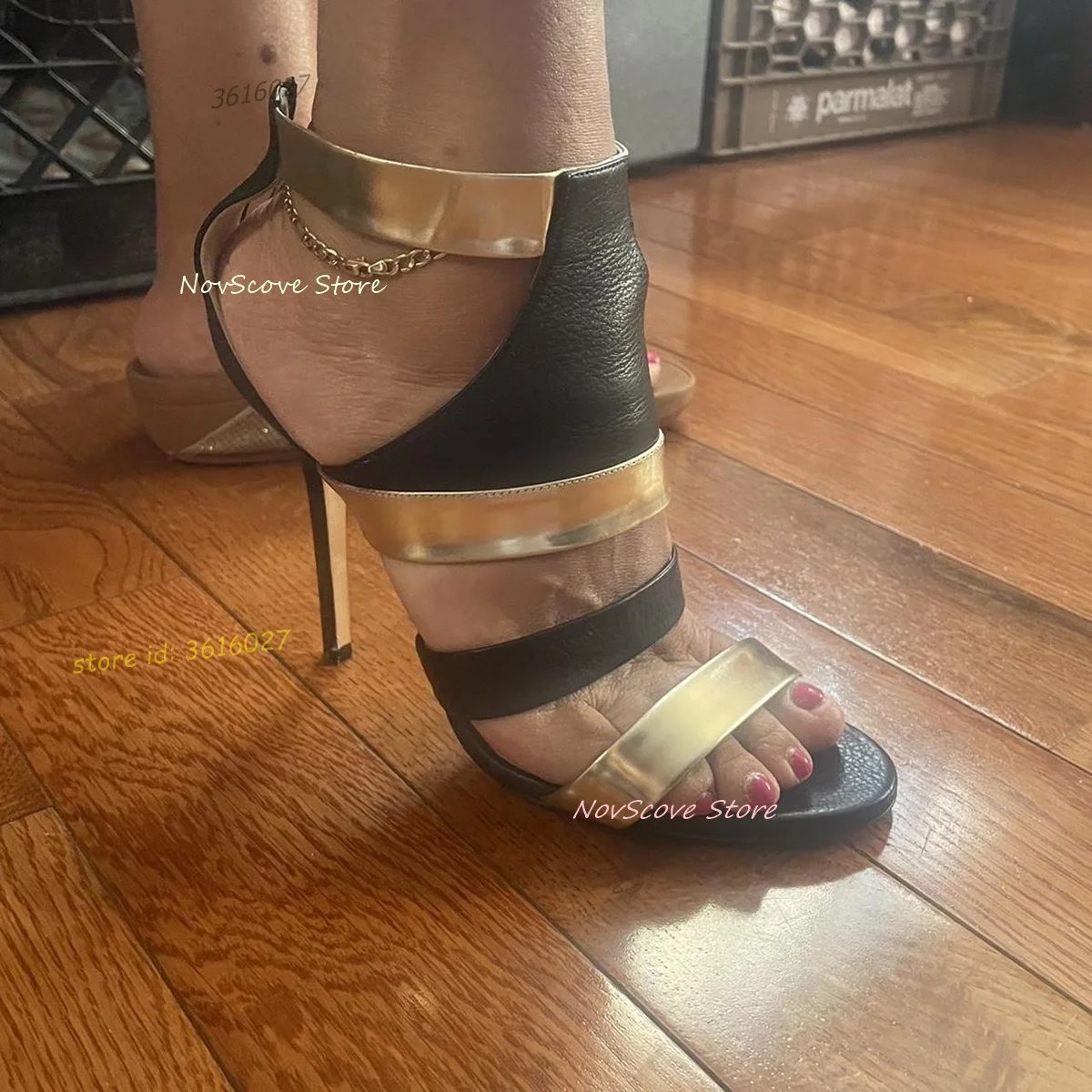 

Open Toe Shallow Sandals Ankle Buckle Black and Gold Mixed Color Stiletto High Heels Gladiator Sandals Slender Upper Party Shoes