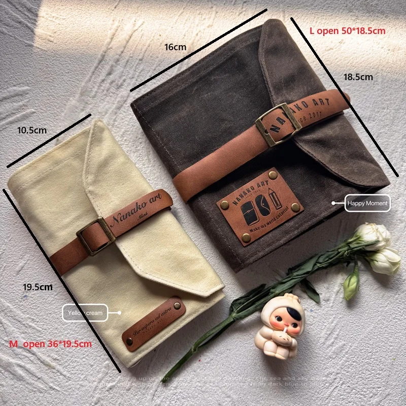 

Rustic Waterproof Waxed Canvas Pen Roll Case M/L Beige/brown Full grain leather, inside pocket, carabiner, travel accessories.