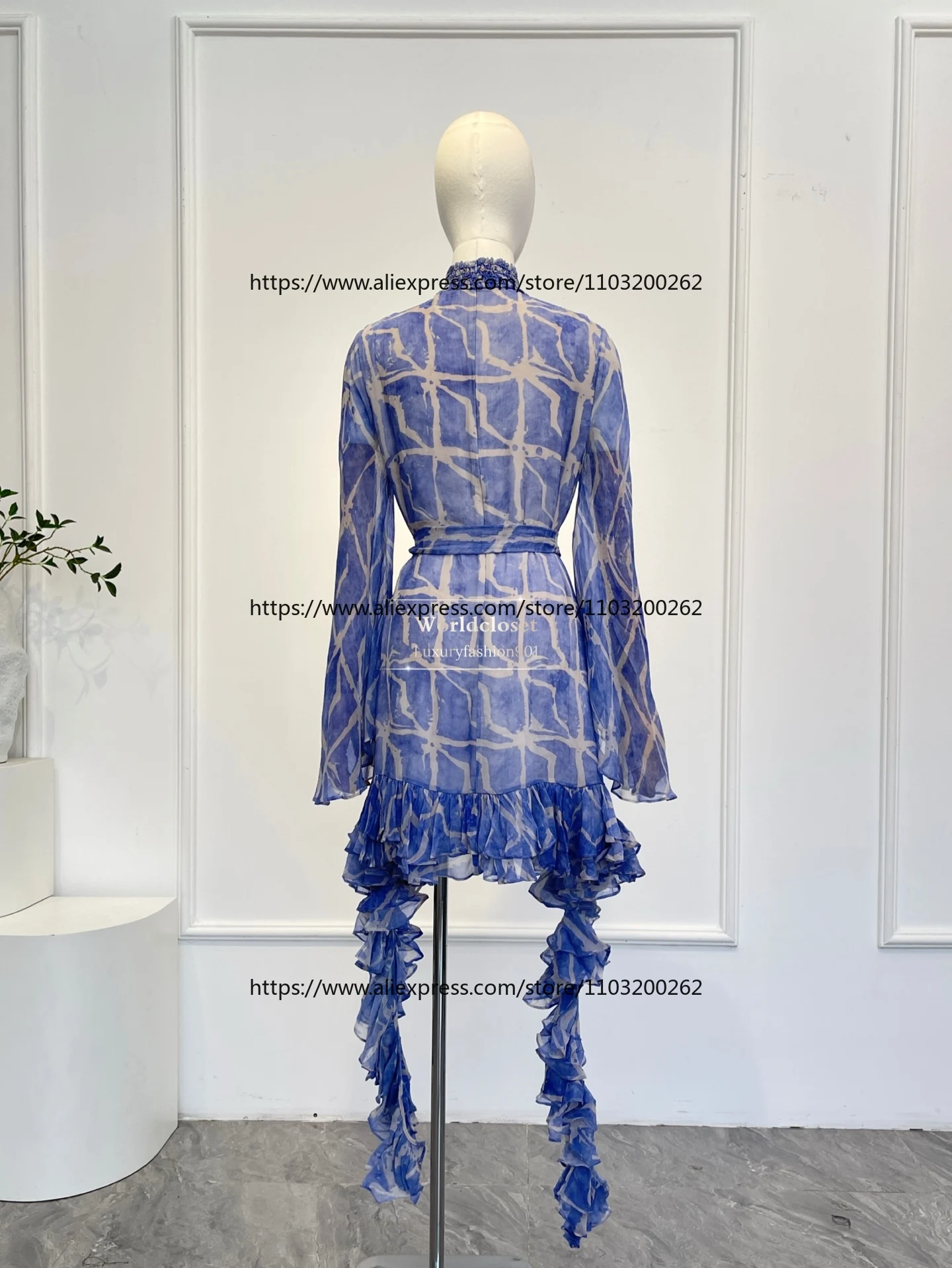 2026  Violet Floral Print Long Sleeve Ruffles Mini Dress