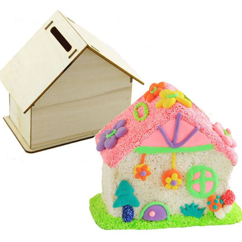 4pcs Wooden House Storage Box DIY Painting Blank Wood Holder Money Candy Container Desktop Home Box  Wood Color