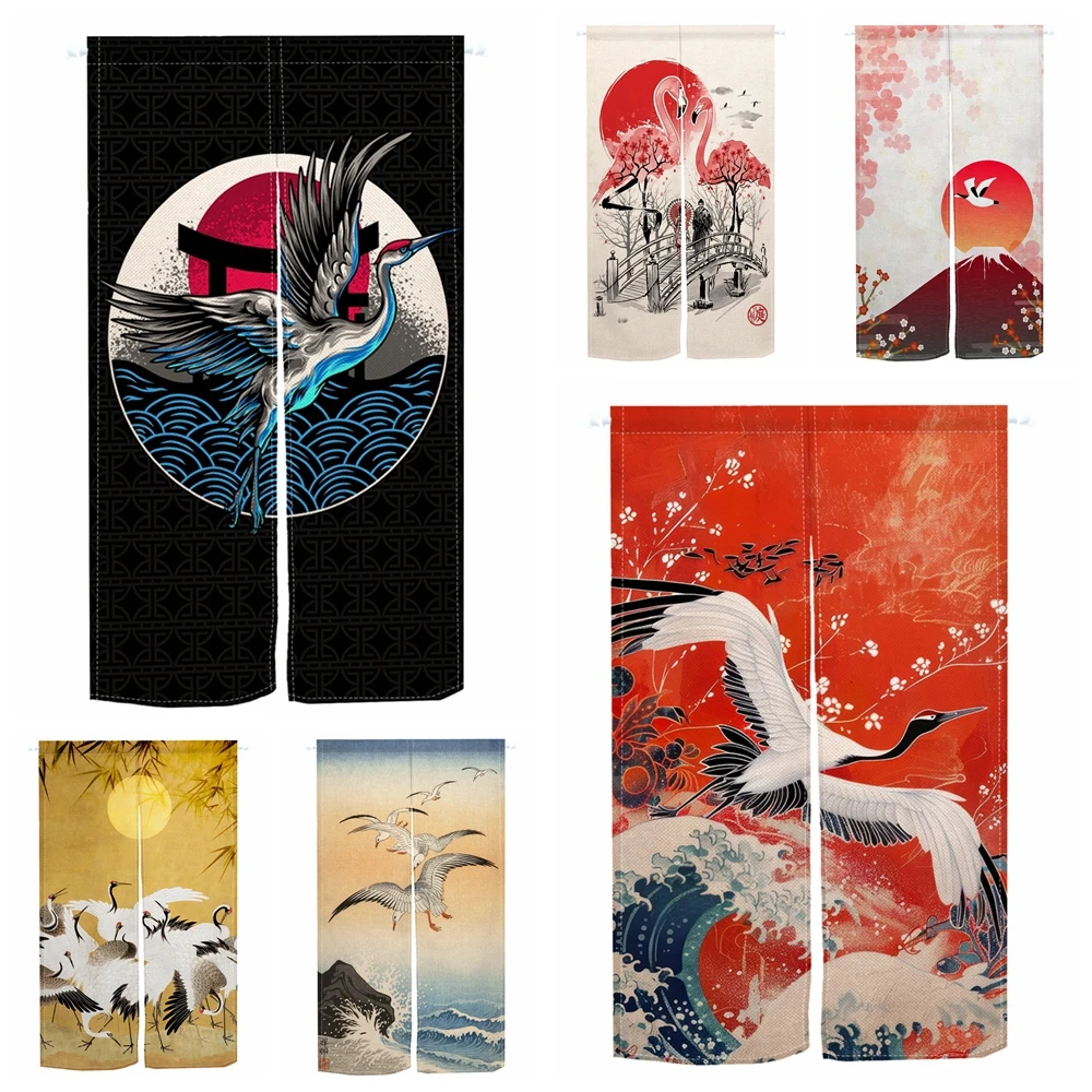 Japanese Crane Bird Door Curtain Hokkaido Ukiyo-e Sun Mount Fuji Cherry Blossom Wave Bathroom Doorway Hanging Split Half-Curtain