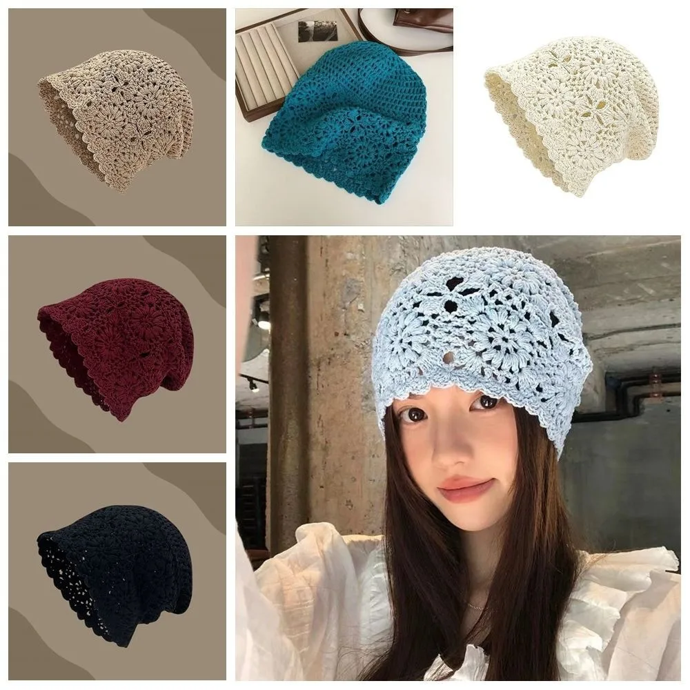 보헤미안 스타일 크로셰 꽃무늬 니트 모자 수제 얇은 비니 캡 의류 액세서리 한국 전통 스타일 모자