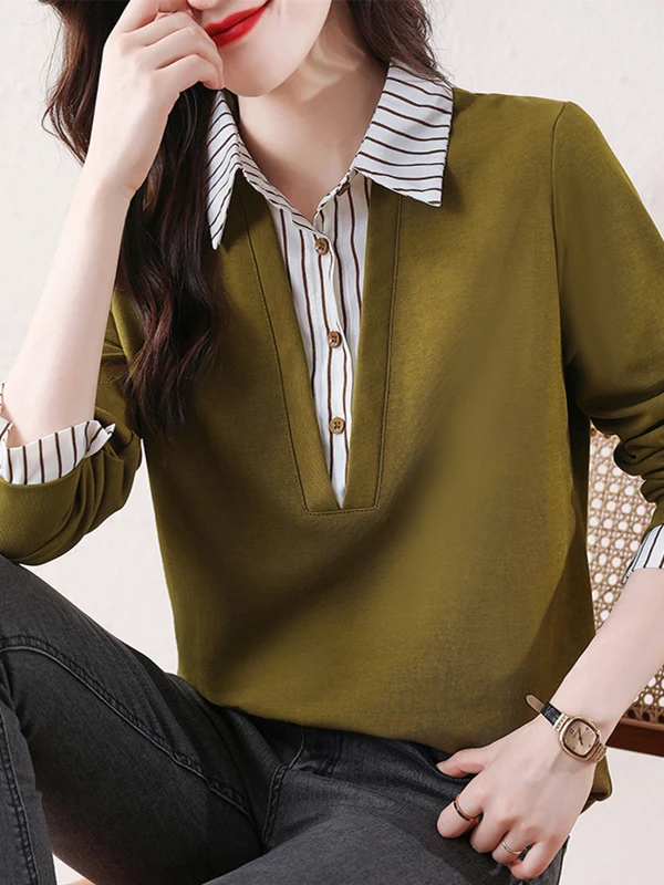 2025 خريف جديد مخطط الربط بأكمام طويلة القطن الخالص قميص بولو طوق وهمية قطعتين هوديي #2