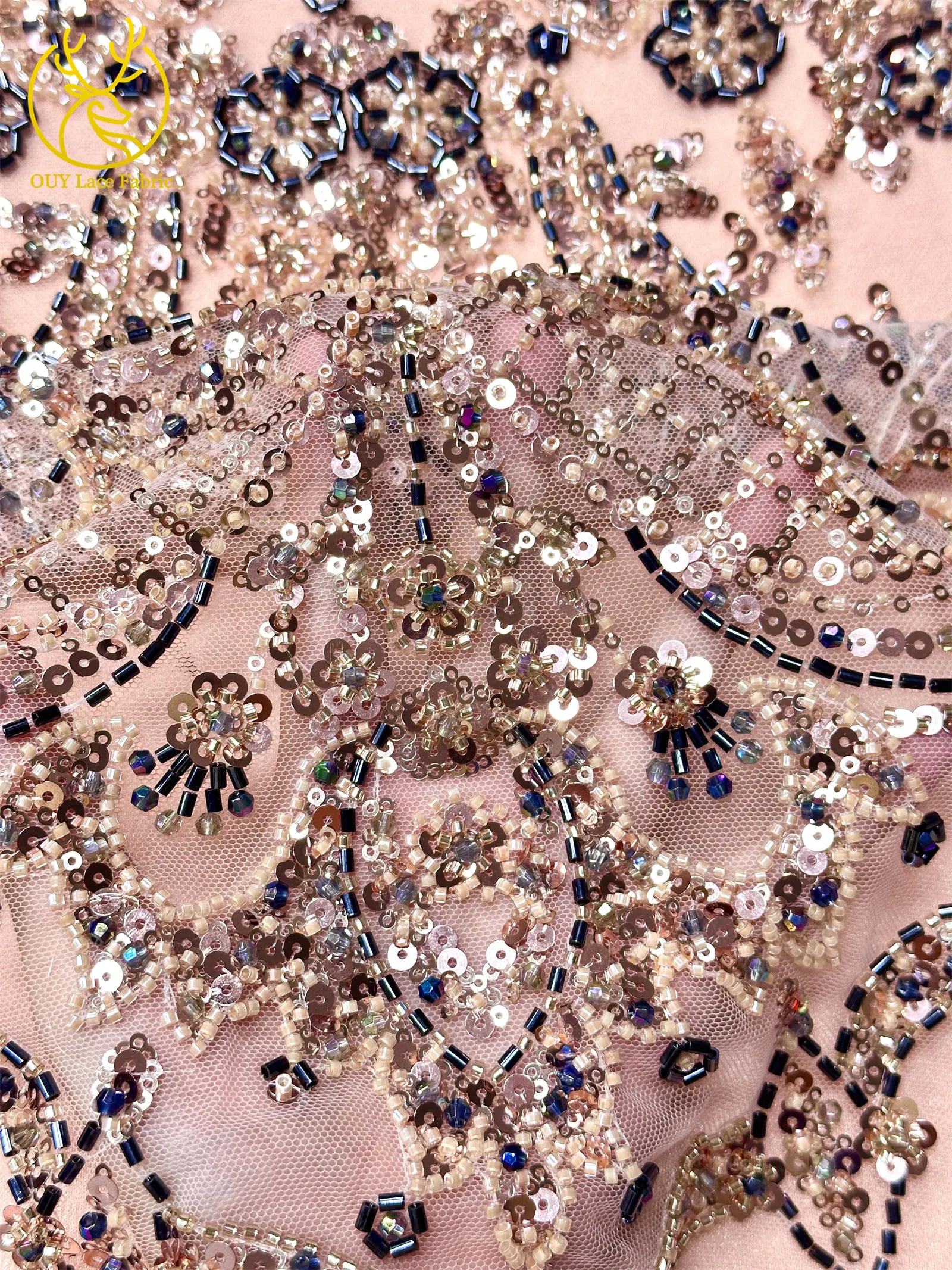 Pfirsichfarbener, hochwertiger, eleganter afrikanischer Brautkleidstoff mit Stickerei und Perlen, 2026 Nigerianische Pailletten-Spitze für Abendkleider und Hochzeitskleider zum Nähen – Detail 7