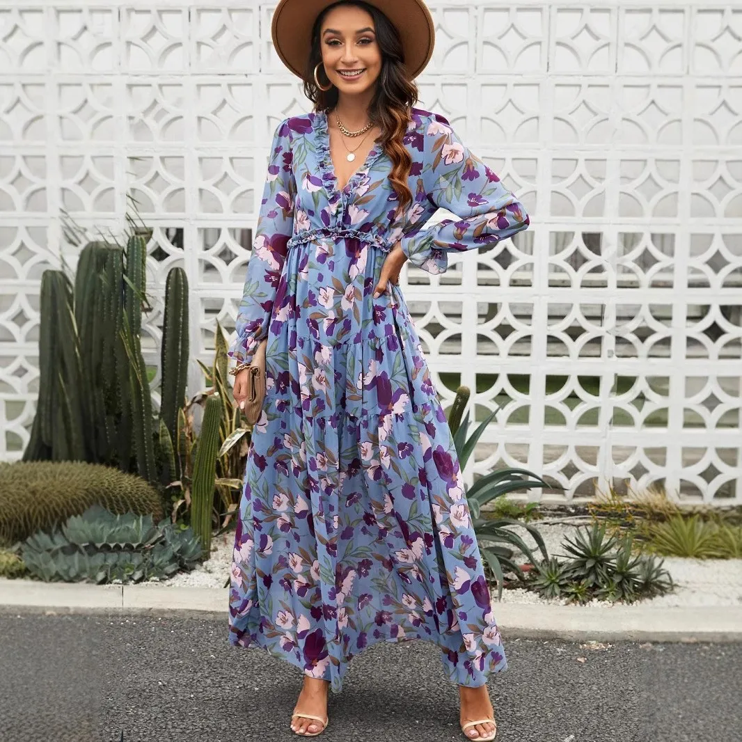 Printed Long Sleeve Gown with Midi Waist Elegant Loose Fit V Neck Maxi Length 3D Pattern Commuter Style Dress Summer for Women