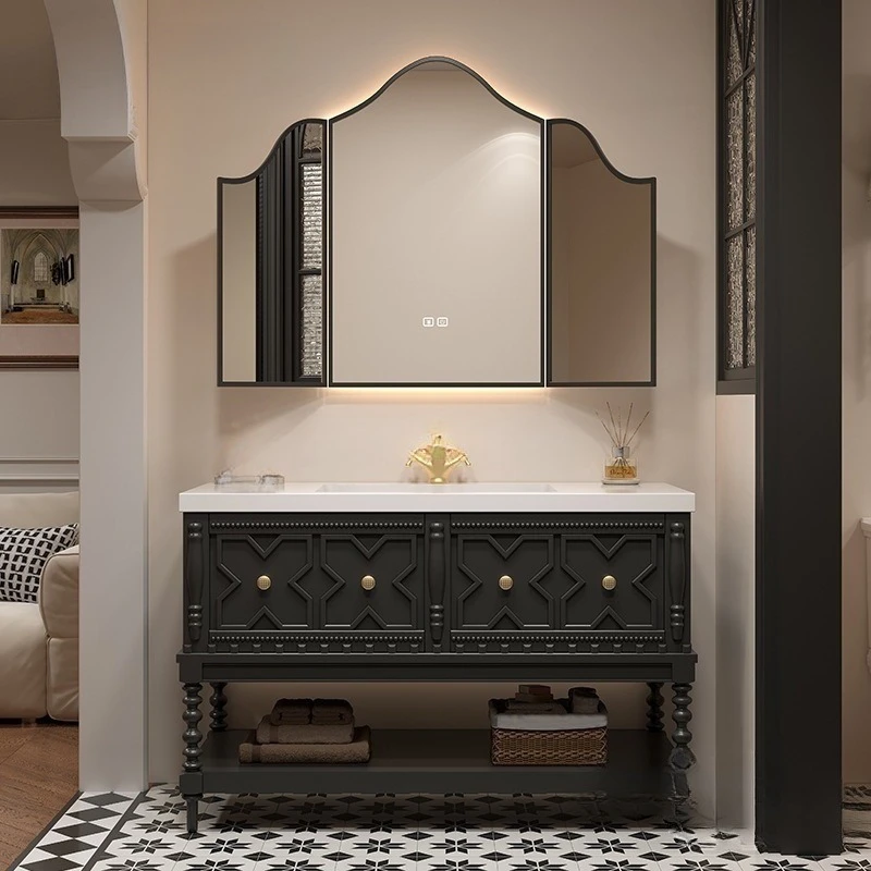 French retro floor-to-ceiling double basin bathroom cabinet combination rock slab seamless integrated