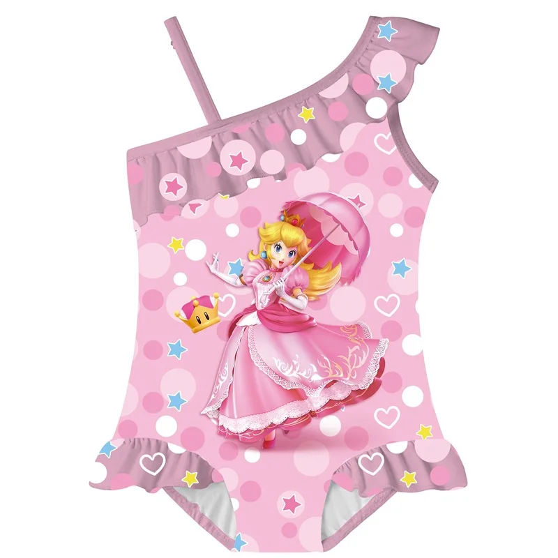 Kids Swimwear Girls Peach Princess One Piece Swimsuit Fancy Baby Children Cartoon Print Ruffle Bathing Suit Holiday Beach Wear