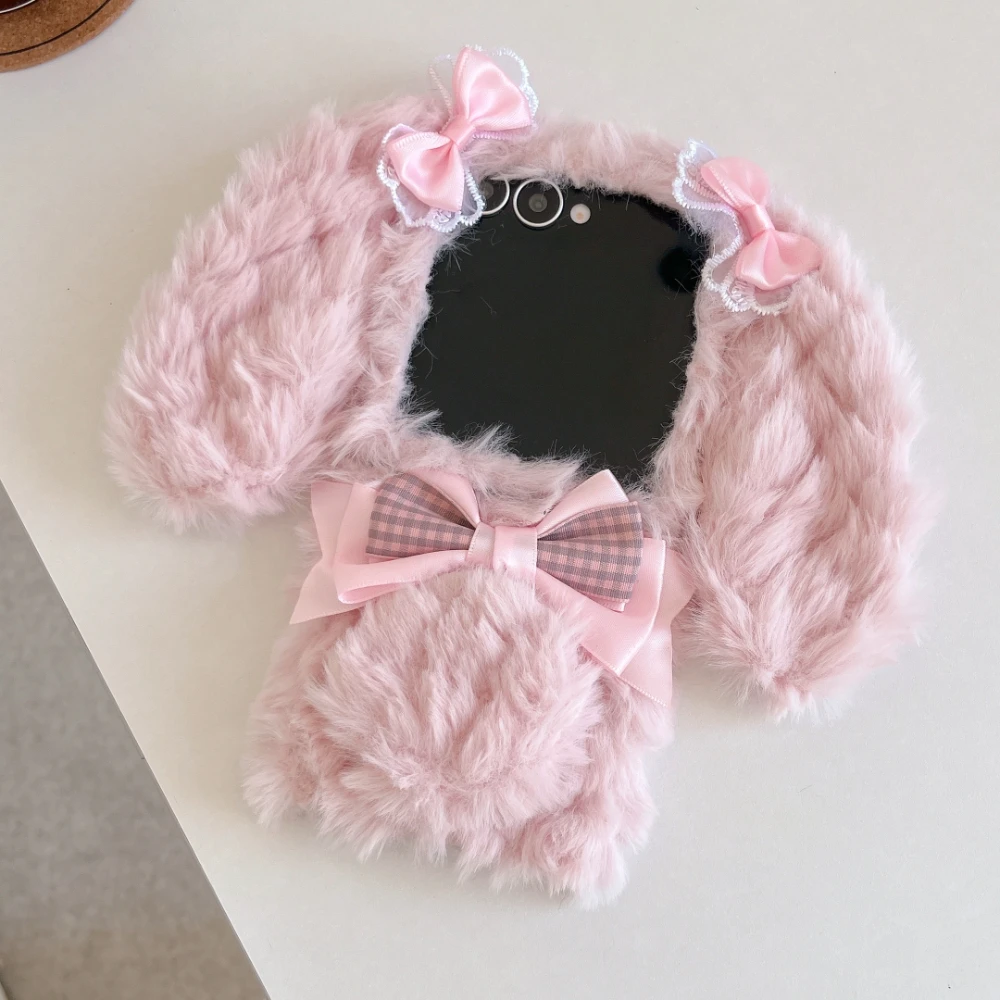 

Warmth Fuzzy Plush 3D Cute Long Ears Rabbit With Lanyard Phone Case For Samsung Z Flip 5 4 3 6 7 FE Shockproof Back Cover Cases