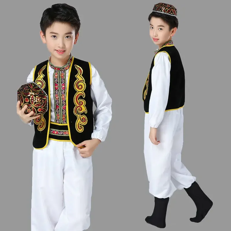 Xinjiang Ethnic Minorities Dance Costumes Long Sleeve Children Uygur Cosplay Suit School Performance Clothes Vintage