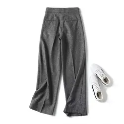 Dave & Di autunno e inverno misto lana pantaloni alti pantaloni larghi dritti a vita da donna Casual alla moda