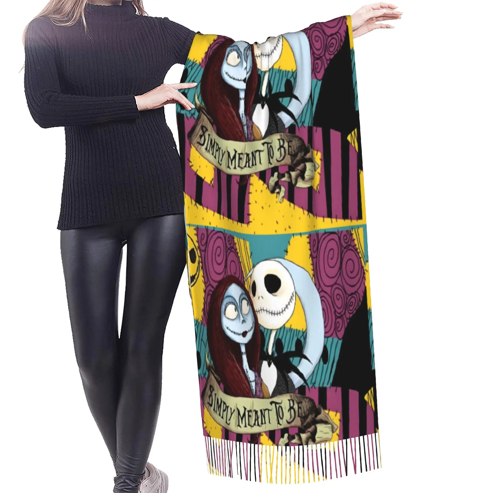 Custom Lady Long Halloween Skellingtones Skull Scarves Women Winter Soft Warm Tassel Shawl Wrap Cartoon Manga Scarf