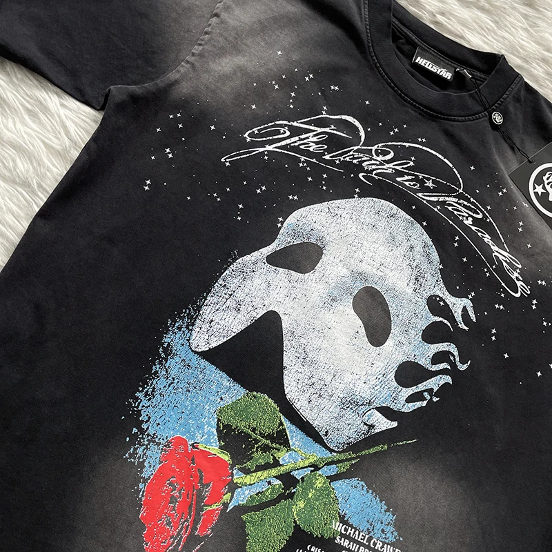 STUDIOS Mask Logo Rose Opera Phantom Worn-In Short Sleeve T-Shirt Pure Cotton Youth Fashion Printed Casual round Neck Tee