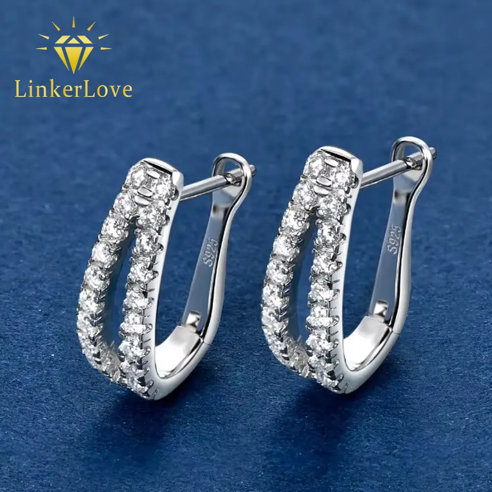 

LinkerLove Double Row Micro Pave Moissanite 16mm Huggie Hoop Earrings 925 Sterling Silver for Women Hypoallergenic Jewelry Gift