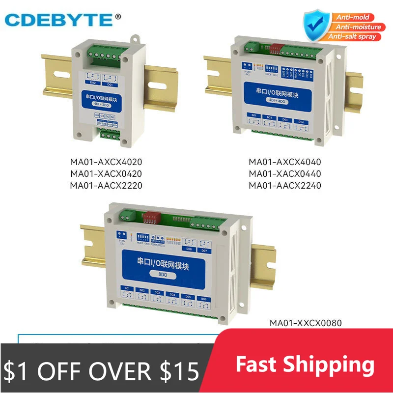 Image of ModBus RTU Serielles IO-Modul RS485-Schnittstelle AI DI DO 8 digitale Ausgänge Schieneninstallation 8 ~ 28 VDC CDEBYTE MA01-AXCX4020