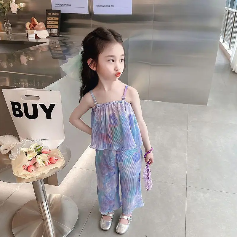 Girls' Summer New Suspender Set Baby Girl Casual Cool Set 2024 New Children's Sleeveless Two Pieces