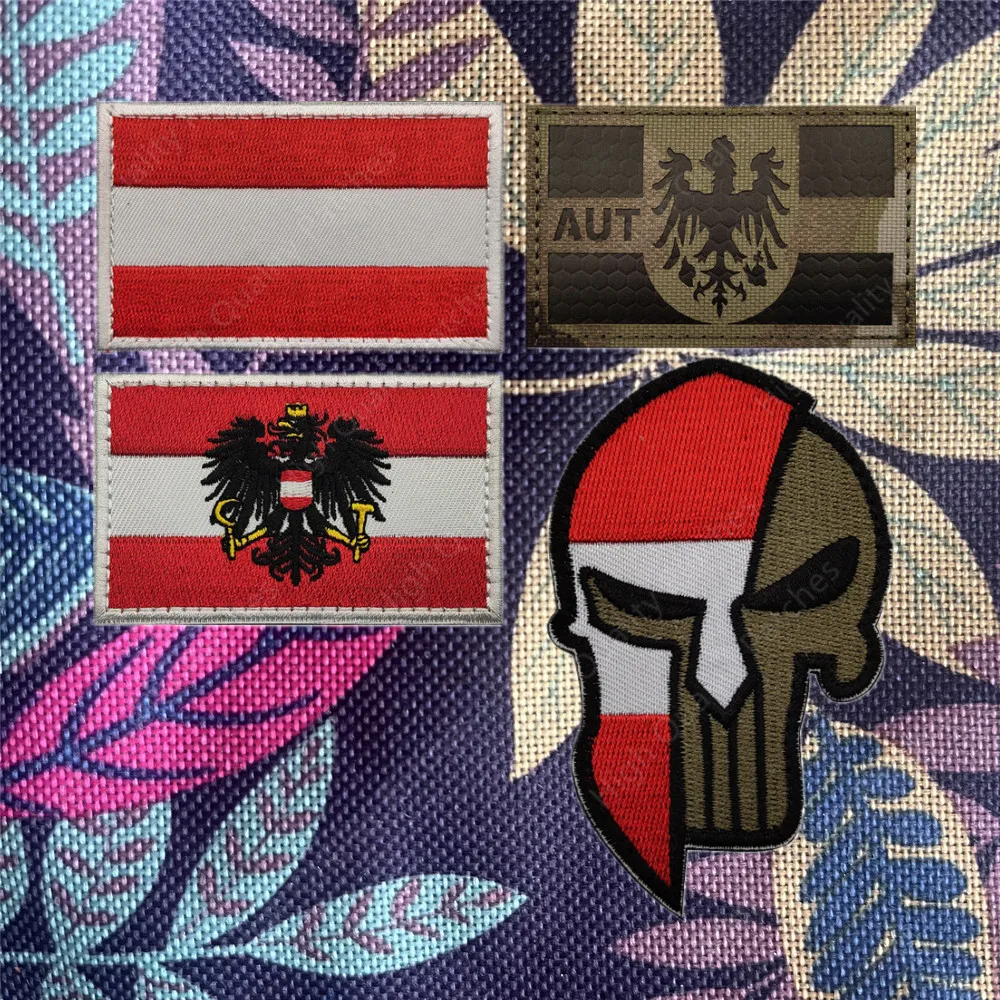 Austria Flag Patches Badges Military Tactical Morale Embroidered Applique With Hook Backing Hook and Ring Magic Patch Sewing DIY