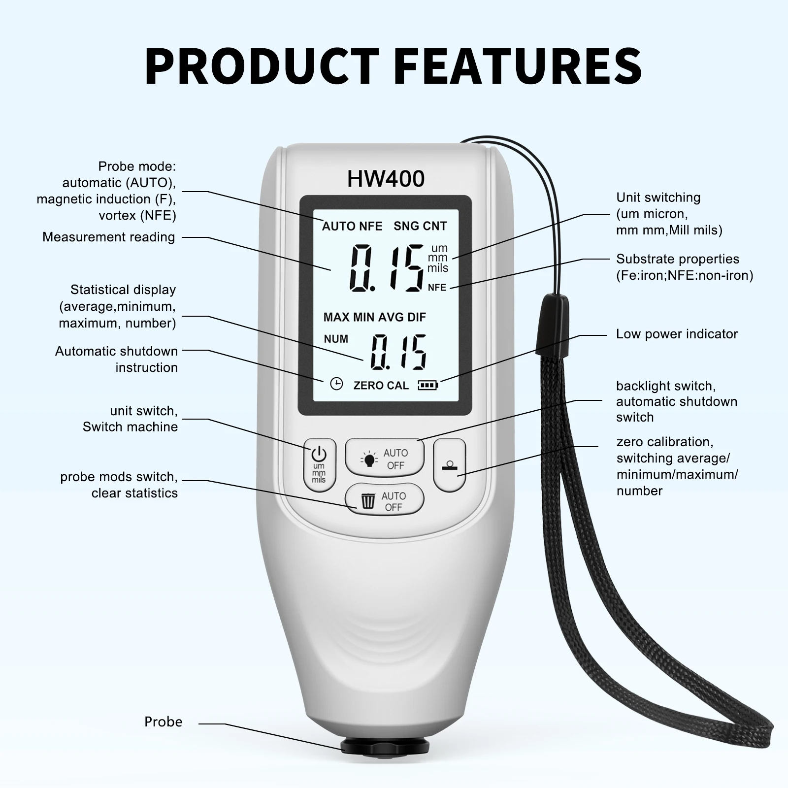 HW400 Car Paint Film Thickness Gauge 0.1micron/0-2000um Tester Thickness Measuring Tool Fe & NFe Automotive Coating Depth Meter