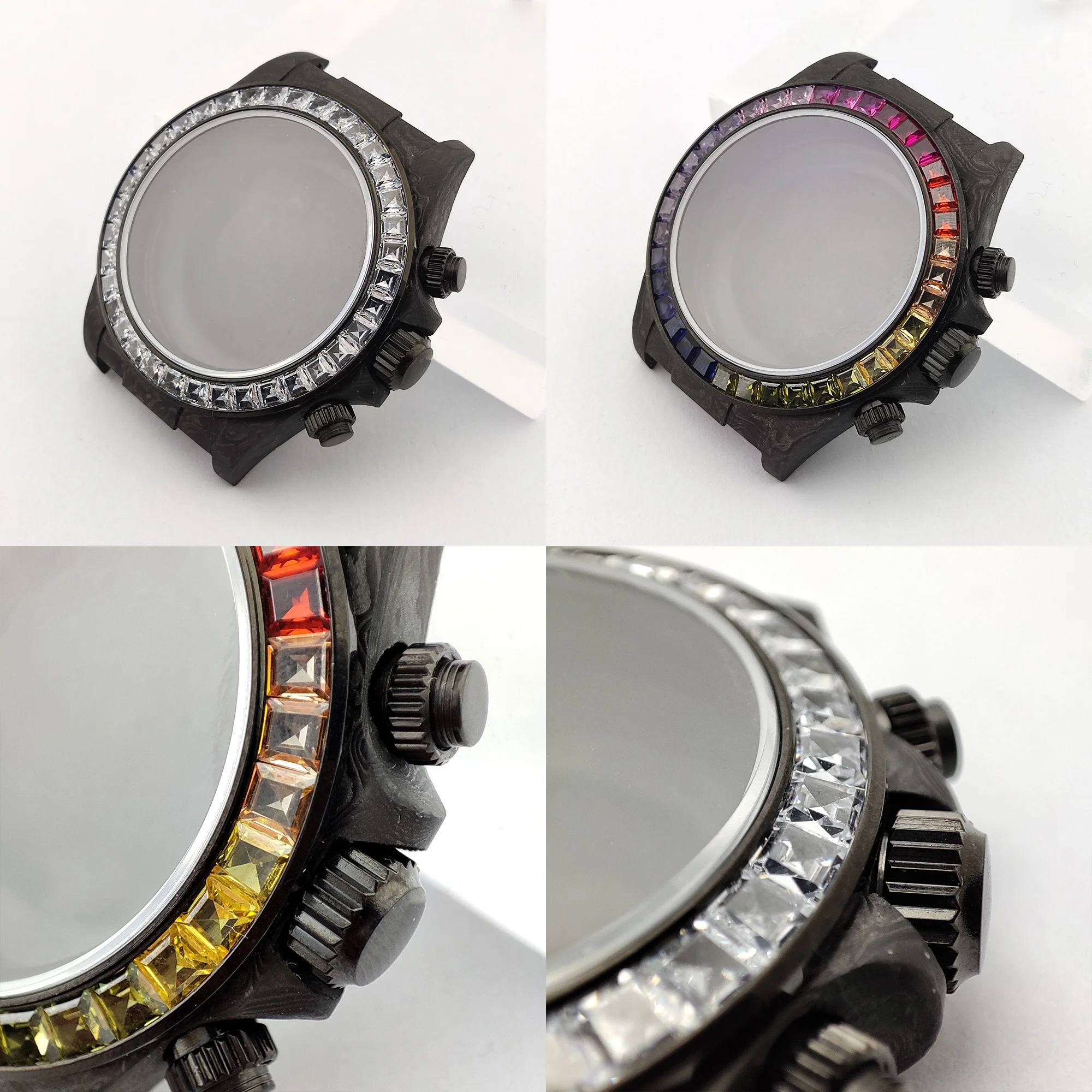 

38mm Colored diamond bezel Carbon fiber case Waterproof watch case sapphire glass VK63 case fit VK63 4130 Movement 4130 case