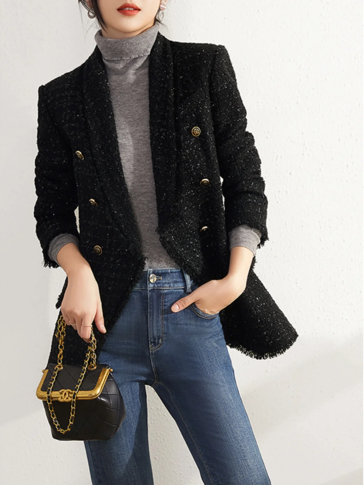 Nova Coleção Primavera: Jaqueta Feminina de Lã de Comprimento Médio, Estilo Pequena França, em Tweed Tricotado Grosso, para o Dia a Dia