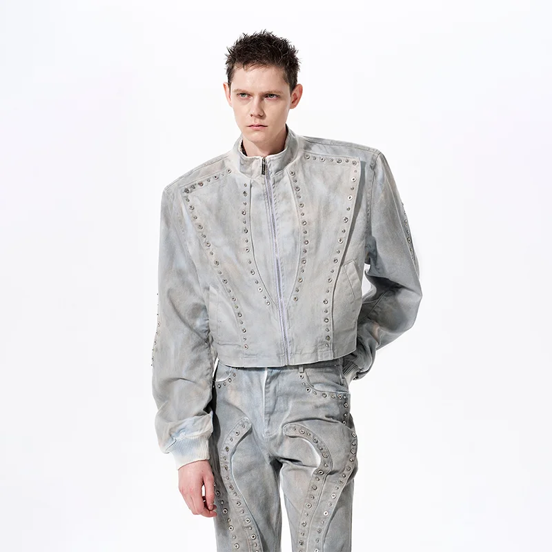 MWJLPWQ Street Style·Deconstructed Design Short Denim Jacket For Men Spring Distressed Stand-Up Collar Tops Spring Autumn 14272
