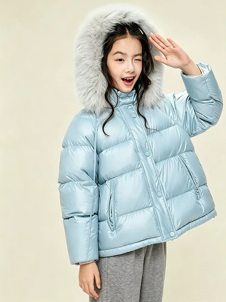 Warmer Winter-Puffermantel für Mädchen, hellblau, abnehmbarer Pelzkragen, mit Kapuze, wasserdicht, dick, Kinder-Oberbekleidung für kaltes Wetter A5105 – Detail 6