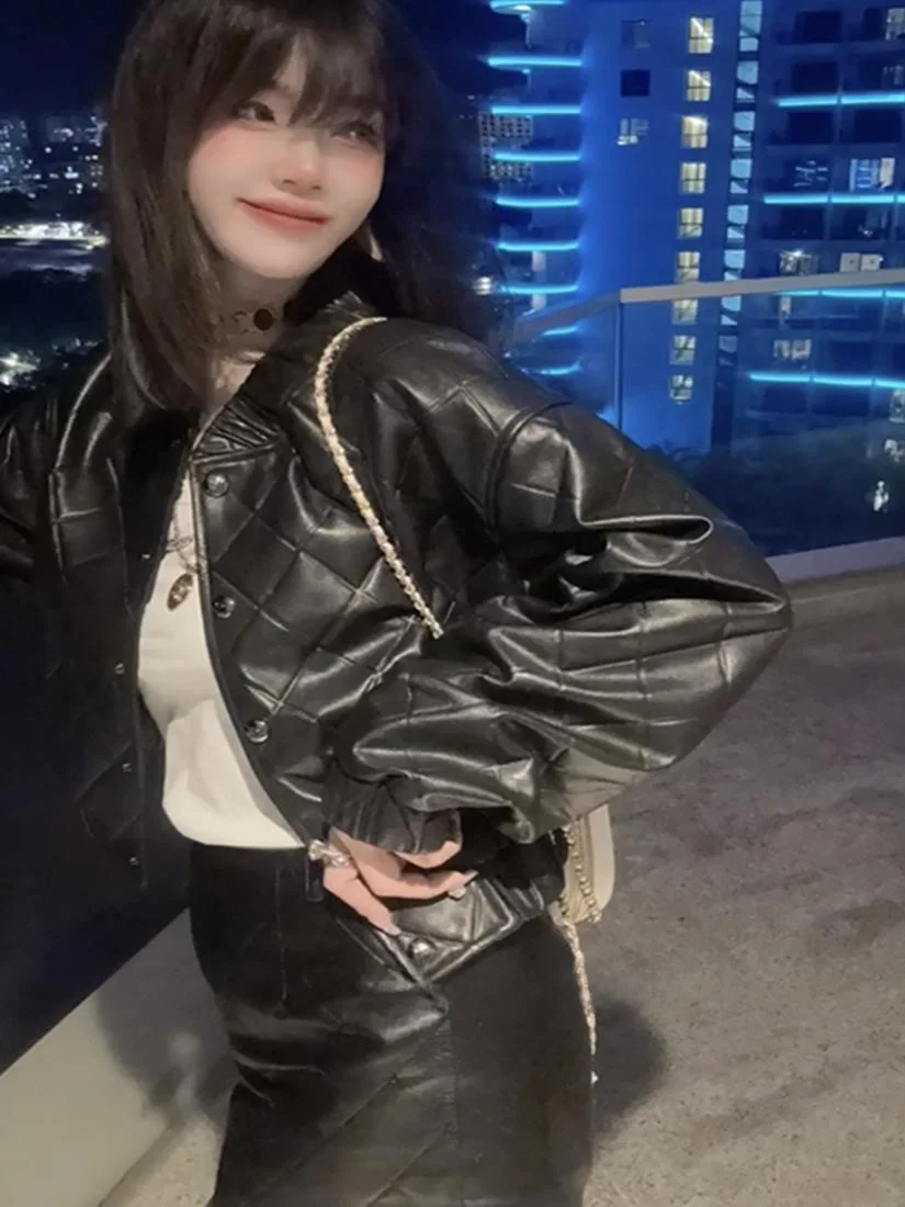 Daitong 2025 Autumn New Sle Women's ort Leather Jaet Real eepskin Stand Collar Coat Commute Sle Long Sve Zipper