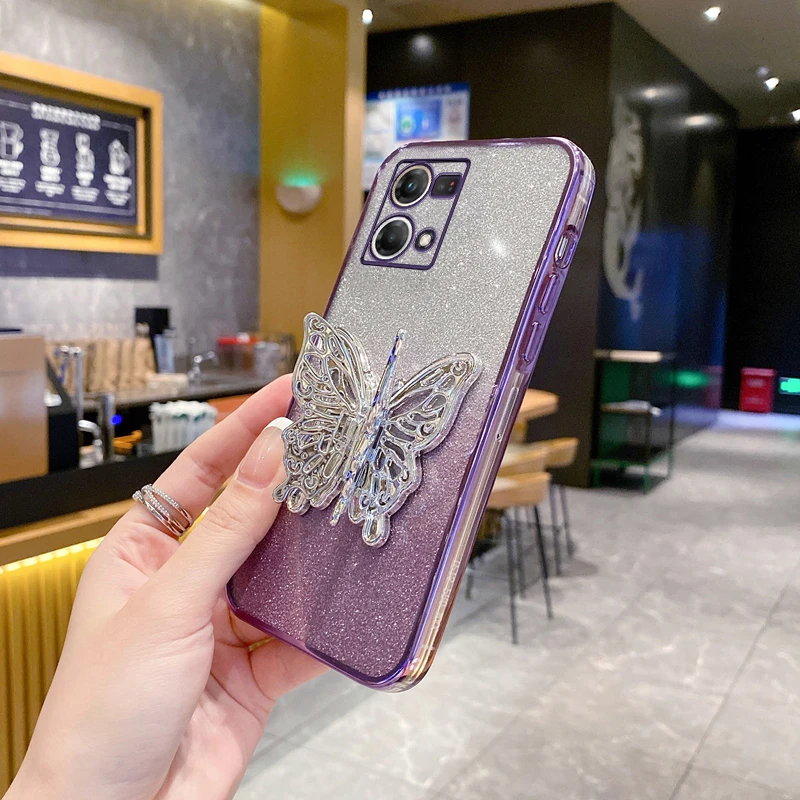 reno7pro Butterfly Luxury Bling Gilitter Phone Holder Case For Oppo Reno 7 9 8 10 6 Pro Plus 8T 5k 6Z 4 3 2 7SE 2z 4G 5G Cover