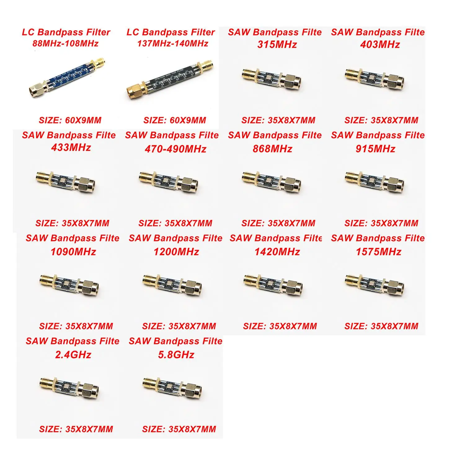 SAW BandPass Filter 108Mhz 137MHz 315MHz 433Mhz 868Mhz 915Mhz 1090MHz 1420MHz 1575MHz 2.4Ghz 5.8Ghz RF Radio LC Band Pass Filte