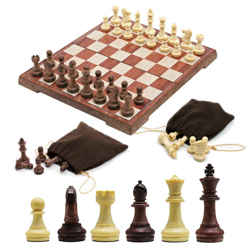 Chess Imitation Solid Wood Chess Pieces Storage Wood Plastic Chess Magnetic Chess Pieces Portable Folding Chessboard YoubangUB