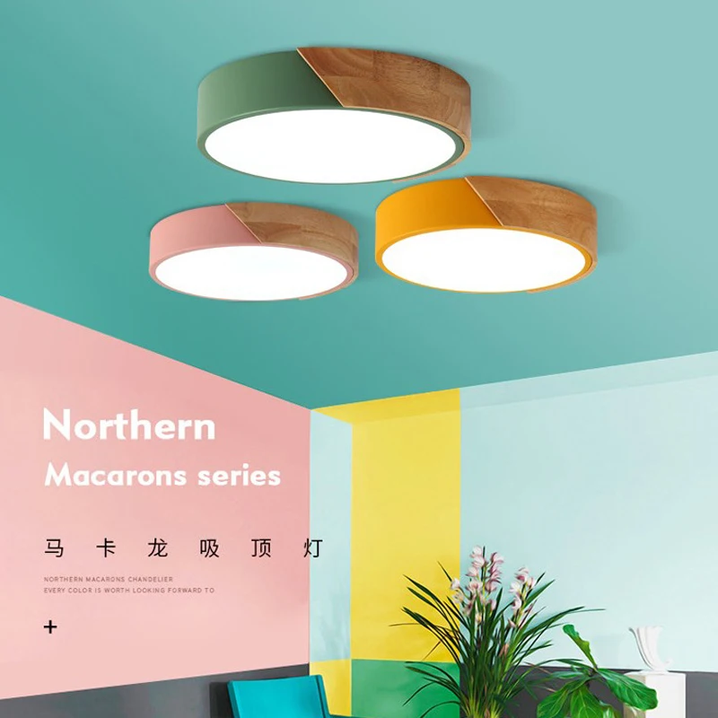 

Nordic bedroom ceiling lamp simple round solid wood living room headlight study dining room light ultra thin led ceiling lamp