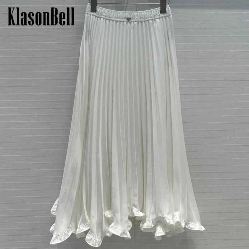 

7.1KlasonBell Women Wave Edible Tree Fungus Hem Design Pleated Skirt Elegant Diamonds V Metal Elastic Waist Long Skirt