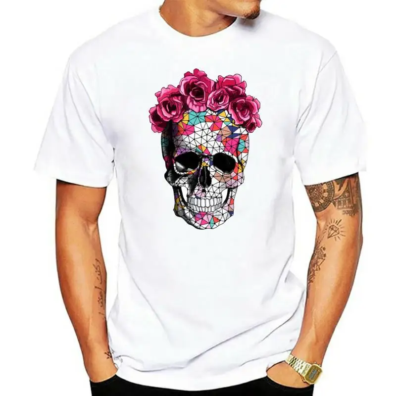 Mens White T-Shirt With Colourful Aztec Skull And Vibrant Two Tone Roses Design Graphic Tee Shirt