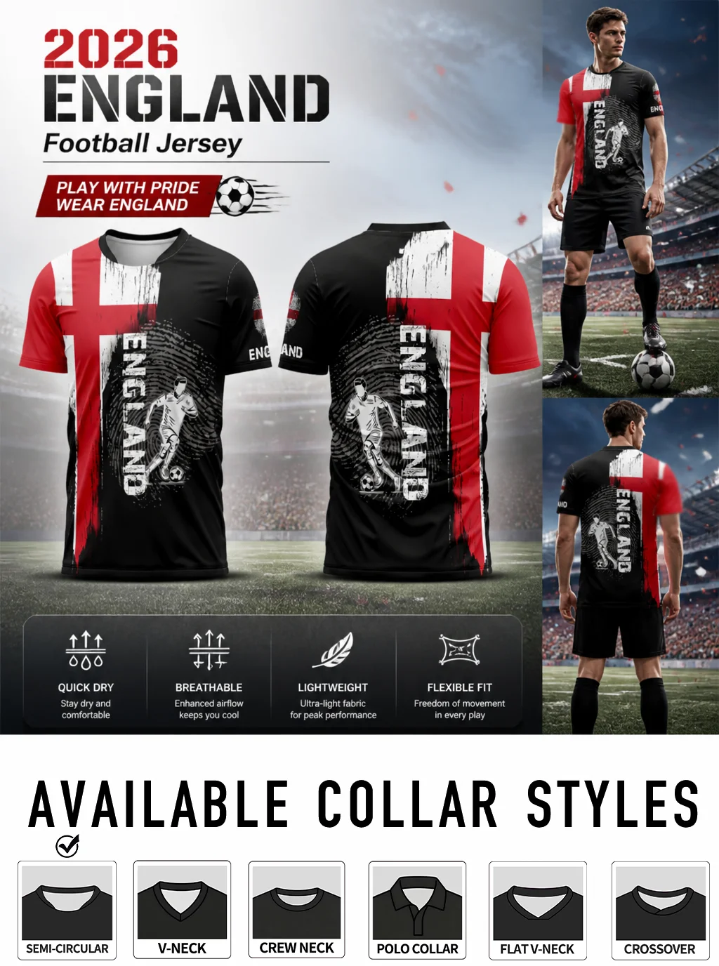 England men's soccer jersey, cross‑fingerprint player print, quick‑dry & breathable, stretch fit, multiple collar styles