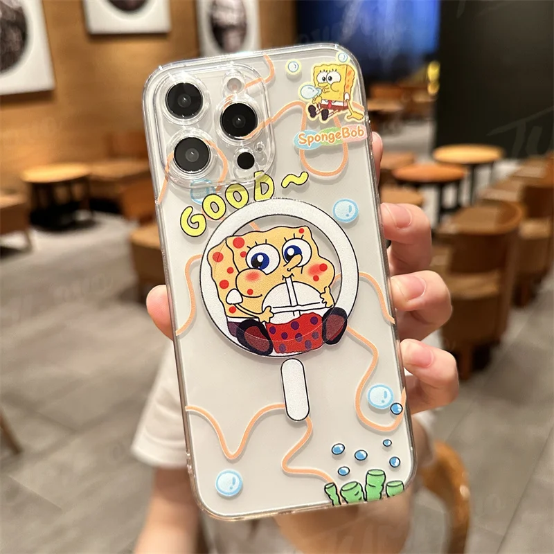 Cute Anime SpongeBobs TPU Case For iPhone 11 12 13 14 15 Pro Max Mini X XS XR 8 7 Plus SE 2020 Soft Clear Magsafe Magnetic Cover